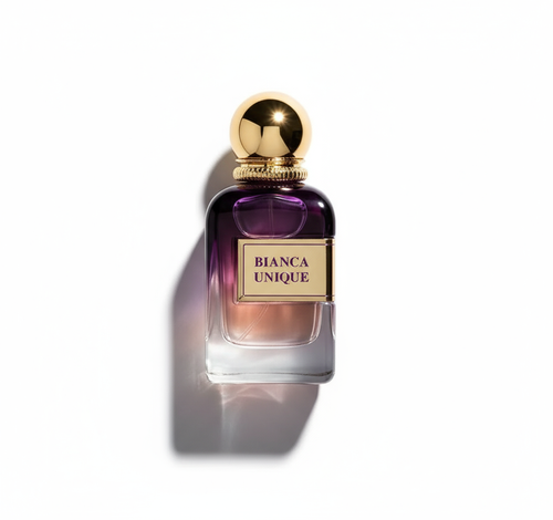 Flat-lay Bianca Unique perfume with dramatic shadow