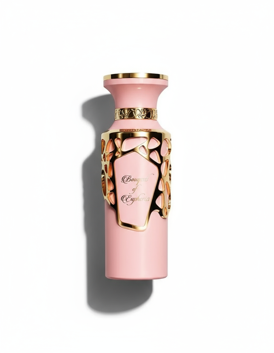 Flat-lay Bouquet of Euphoria perfume with dramatic shadow