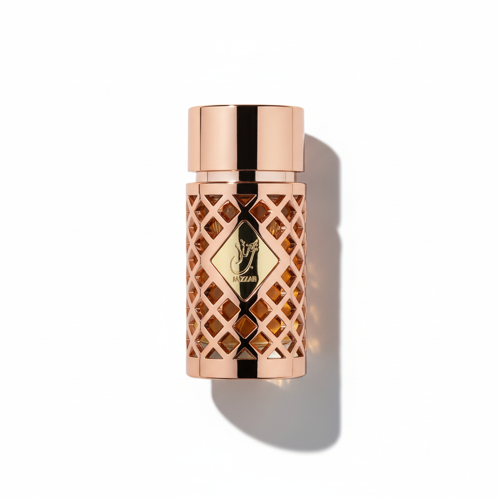 Flat-lay Mazzaj perfume with dramatic shadow