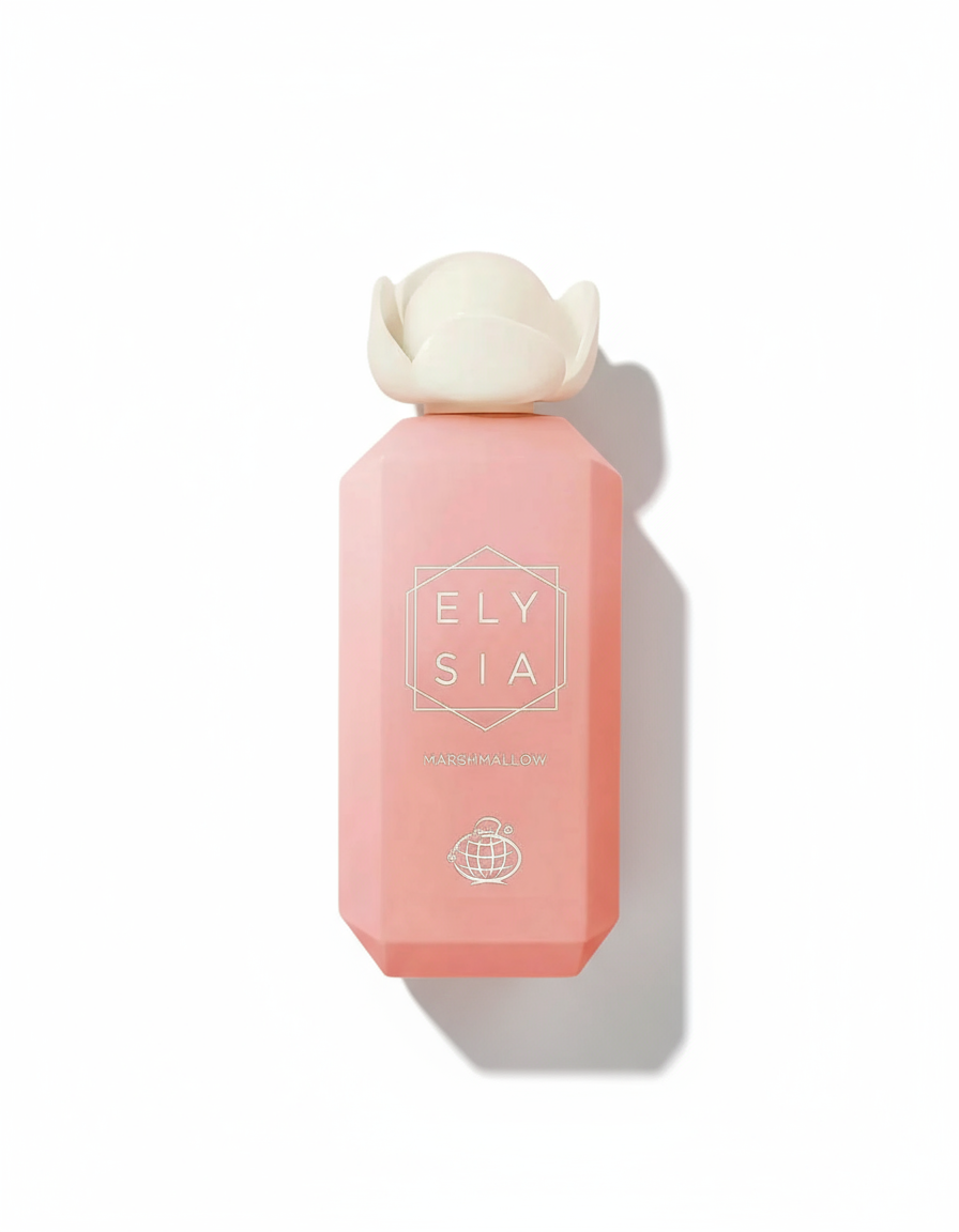 Flat-lay pink Elysia perfume
