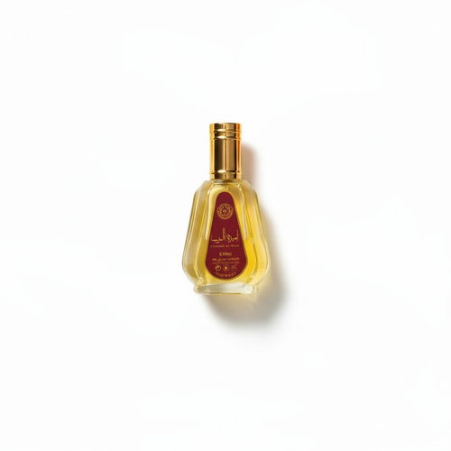Golden perfume bottle on clean background