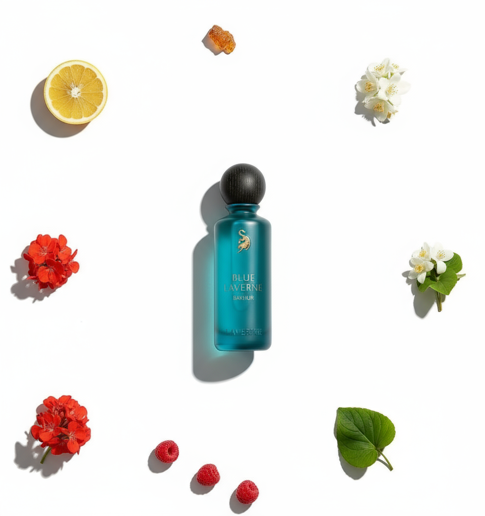 Minimalist spread out flat-lay Blue Laverne Bakhur 200ml