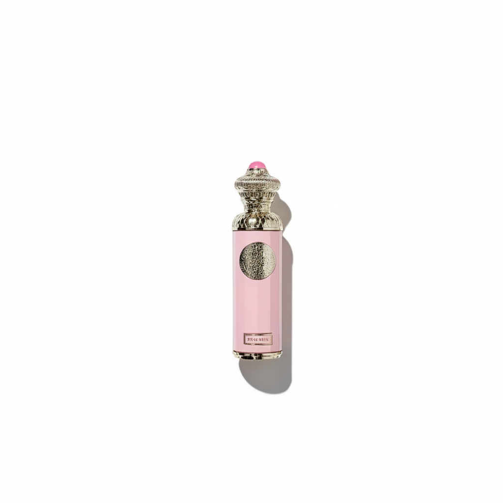 Pink perfume bottle on clean background