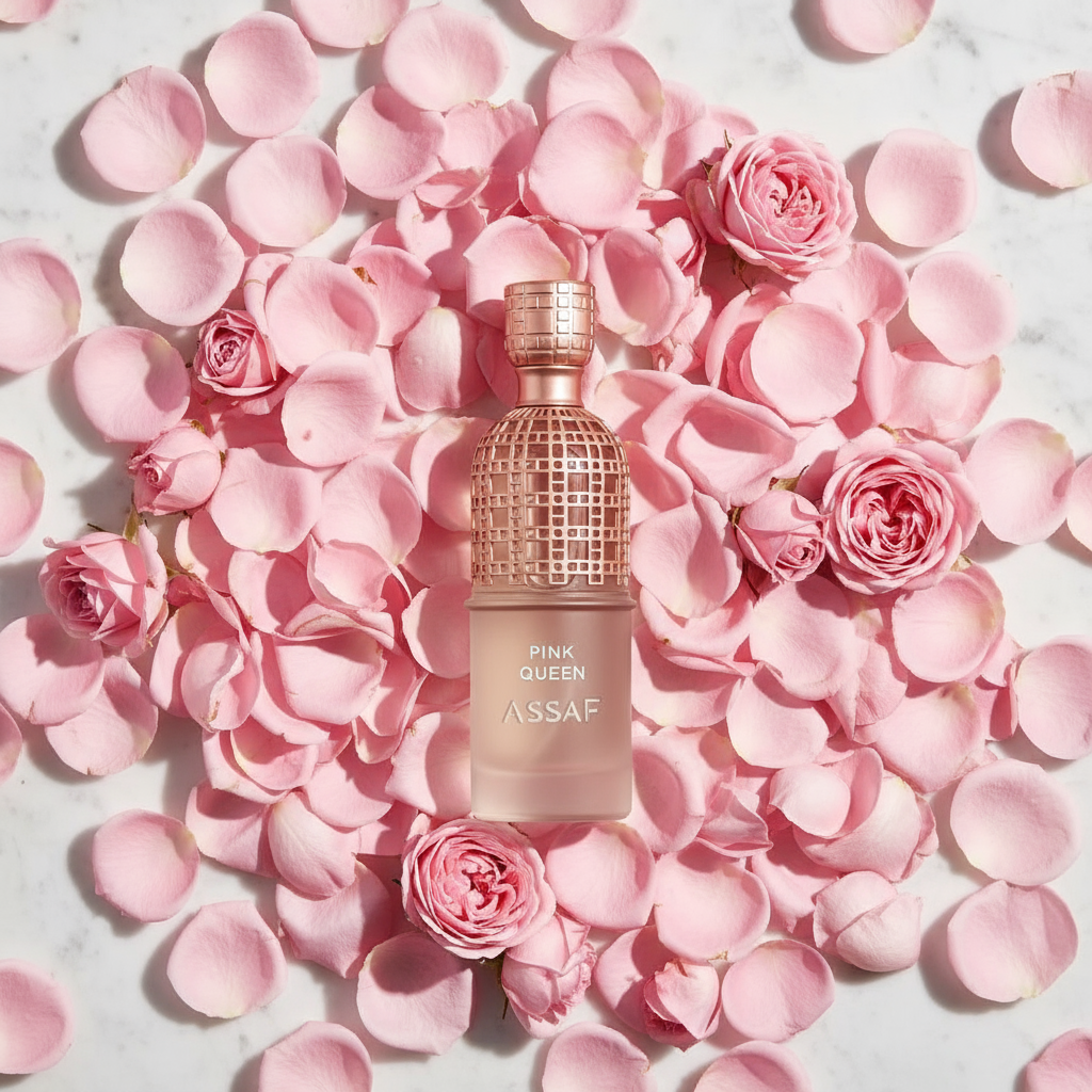 Pink Queen flat-lay with rose petals