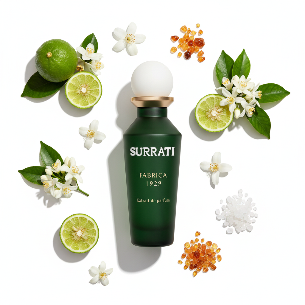 Surrati Fabrica 1929 - flat-lay with fragrance notes